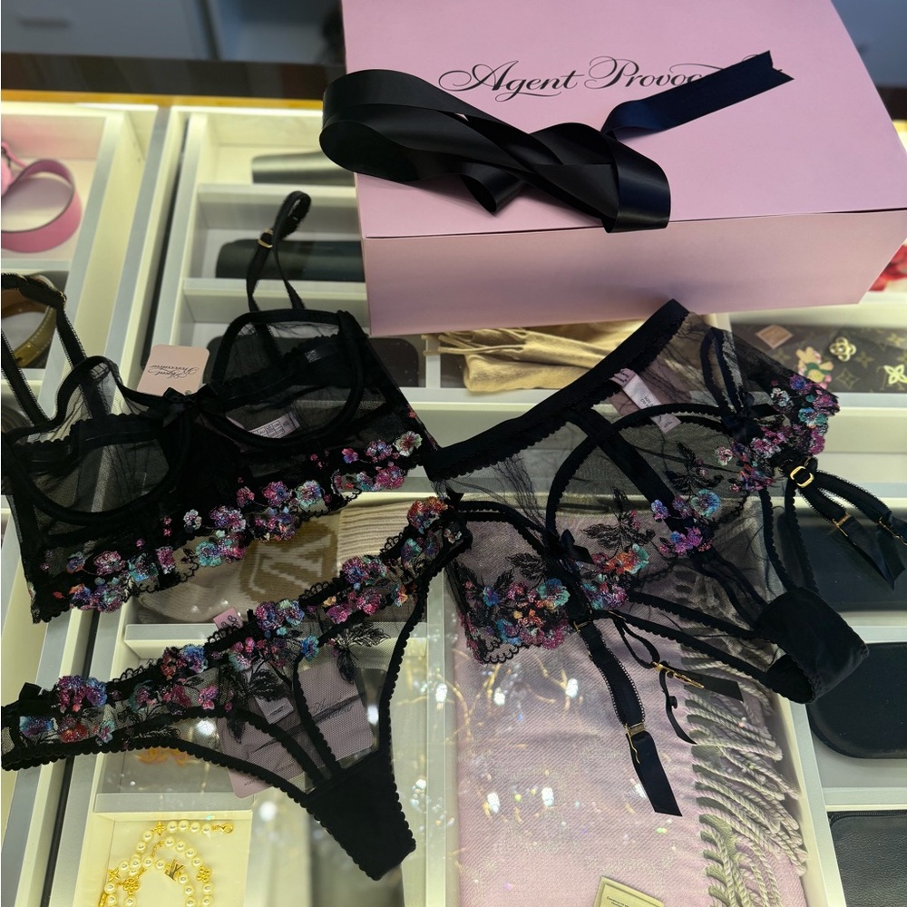 Agent Provocateur Black and Purple Floral Bra Set